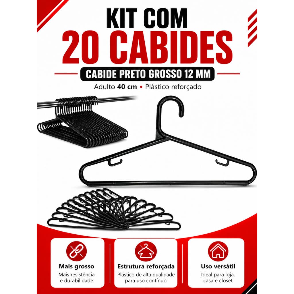 Kit 20 Cabides Pretos Adulto 40cm 12mm Para Loja Closet Guarda-Roupa Vitrine Arara Organização