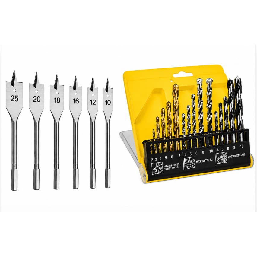 Kit 16 Brocas para Madeira Ferro e Concreto + Jogo de Brocas Chatas para Madeira 6 Peças