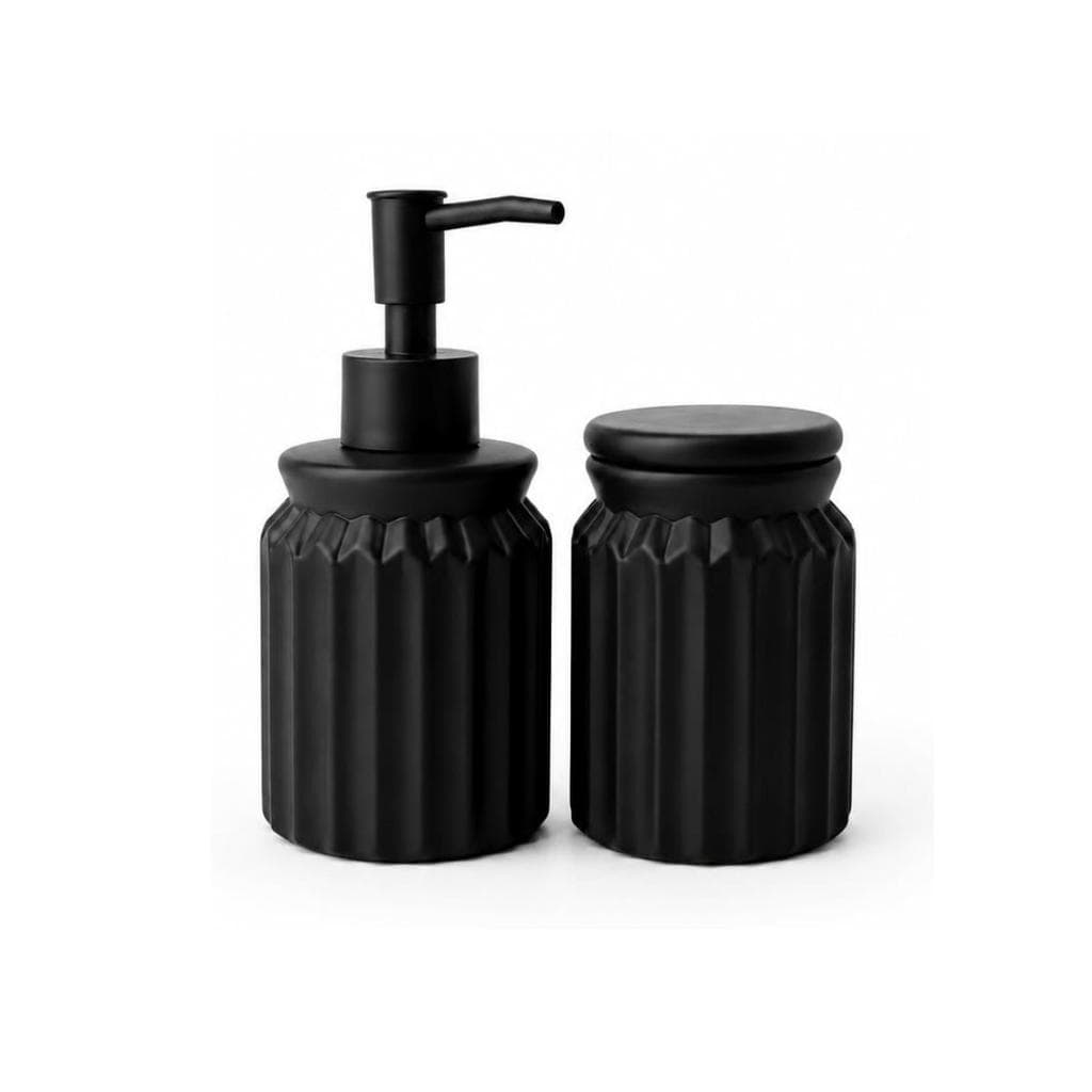 Kit Banheiro Lavabo Cerâmica Lyor Stripes 2 Peças Porta Sabonete Líquido 250ml e Porta Objetos Compacto