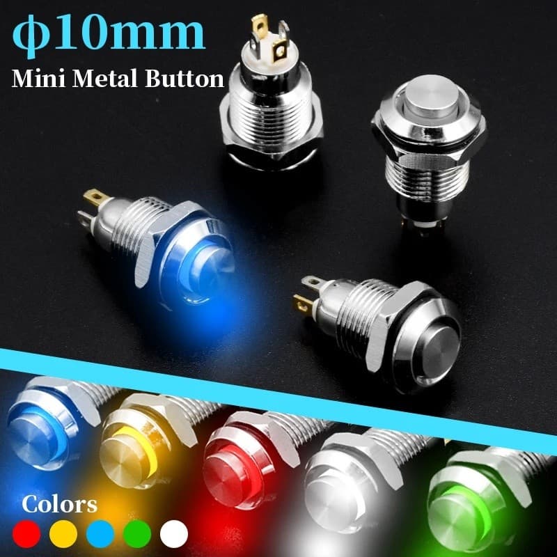 1pc 10mm Interruptor De Botão De Metal Com Indicador LED Auto-reset Momentâneo Travamento Automático 4 Pinos Cabeça Alta