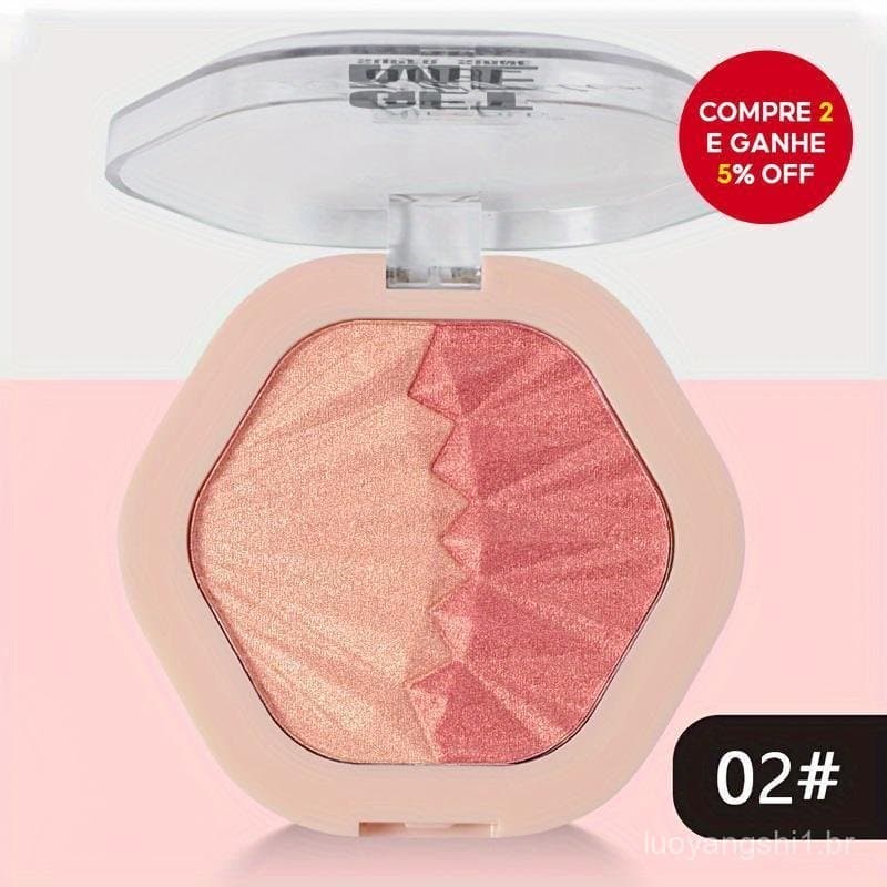 Novo Blush Iluminador 2 em 1 com Duas Cores, Realça o Tom da Pele, Contorno de Longa Duração e Acabamento Perolado.