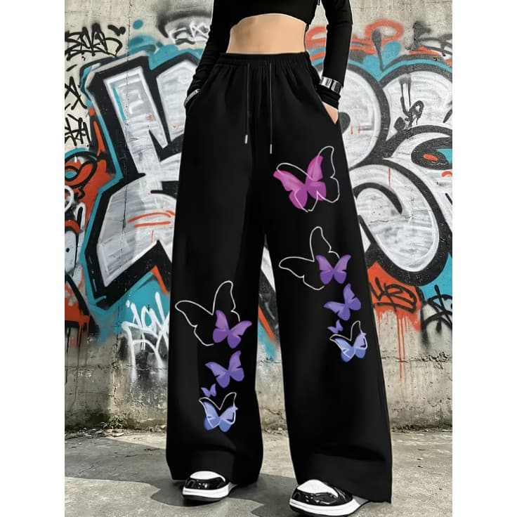 Calça Wide Leg Feminina Moletom Oversized Estampa Borboletas Streetwear