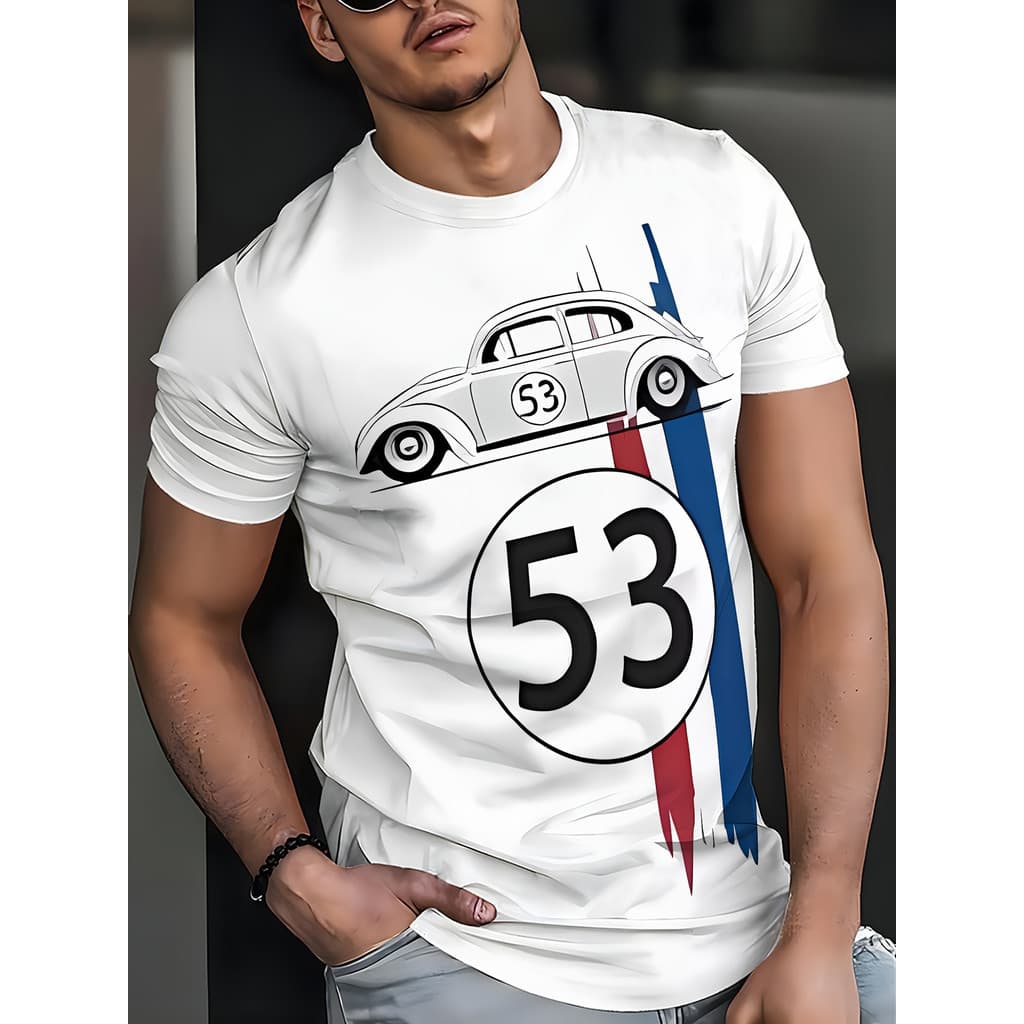 T-shirt gráfico de carro de corrida vintage Beetle 53 para homem - Design impresso em 3D inspirado no Herbie