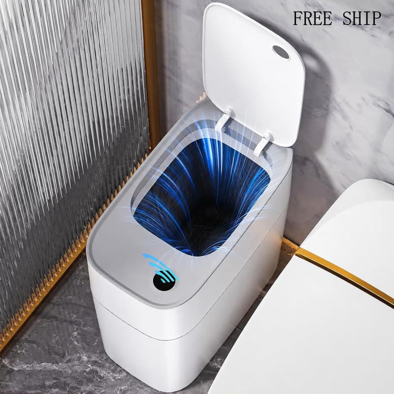 Lixeira MOPUP com Tampa, Lixeira Automática, 3,5 Galões, Compacta, Pequena, Branca, de Plástico, com Sensor de Movimento