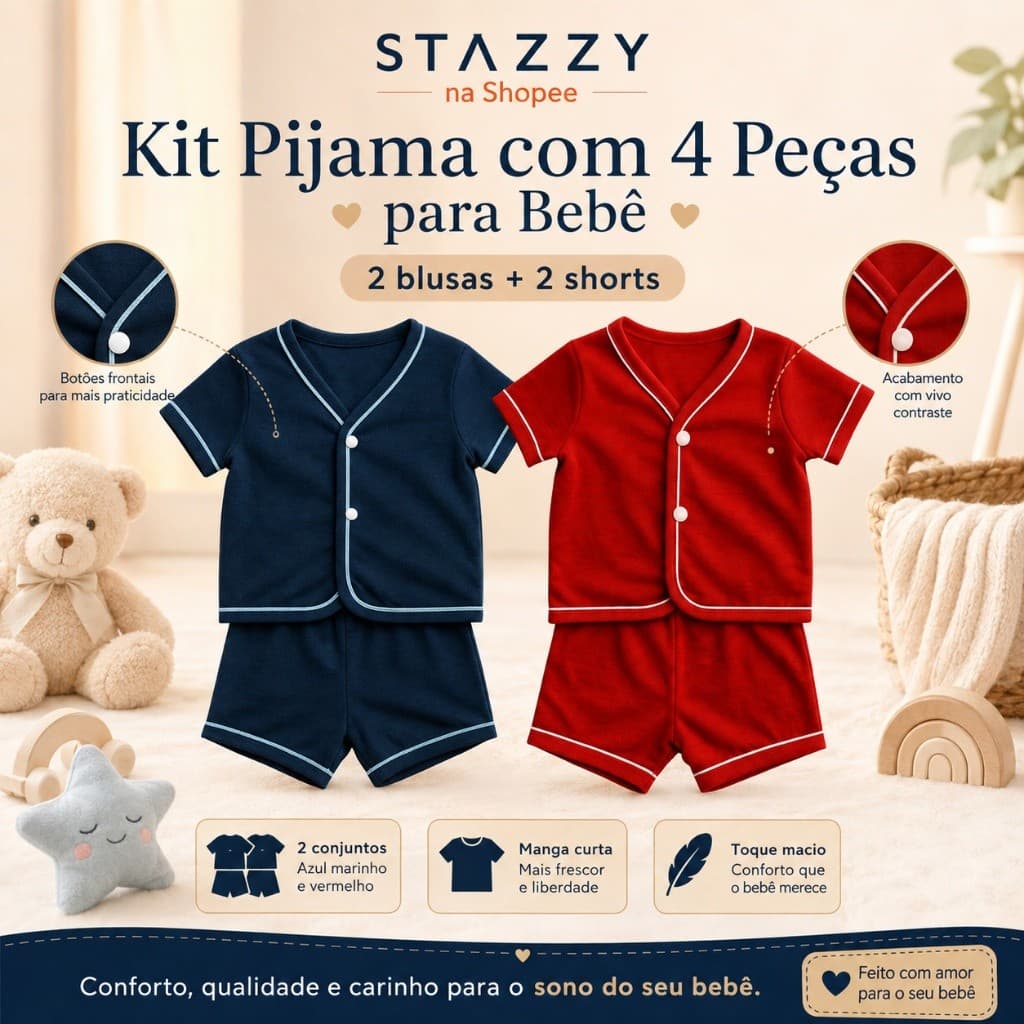 Kit 4 Peças Pijama para Bebê BabyDoll Americano com 2 blusas e 2 shorts Conjunto Bebê Unissex