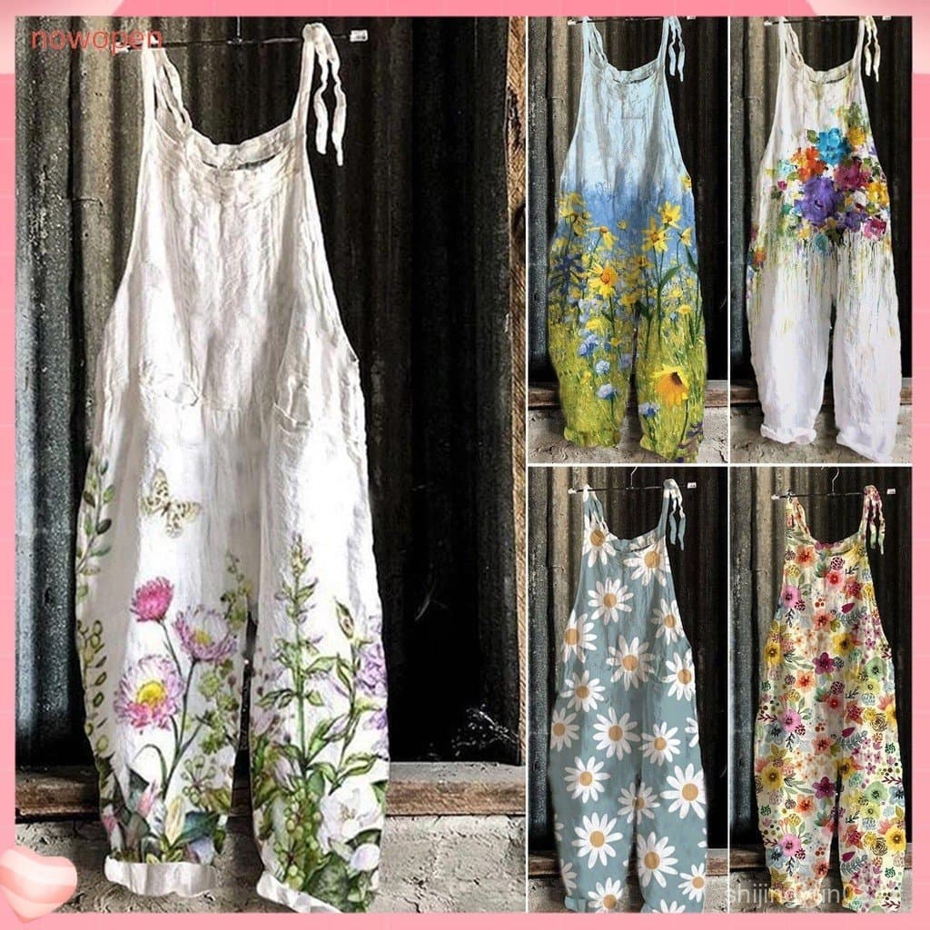 Macacão Floral Feminino Vintage com Pernas Largas, Estampado, Corte Solto, Casual para Férias FBXU 6GQQ