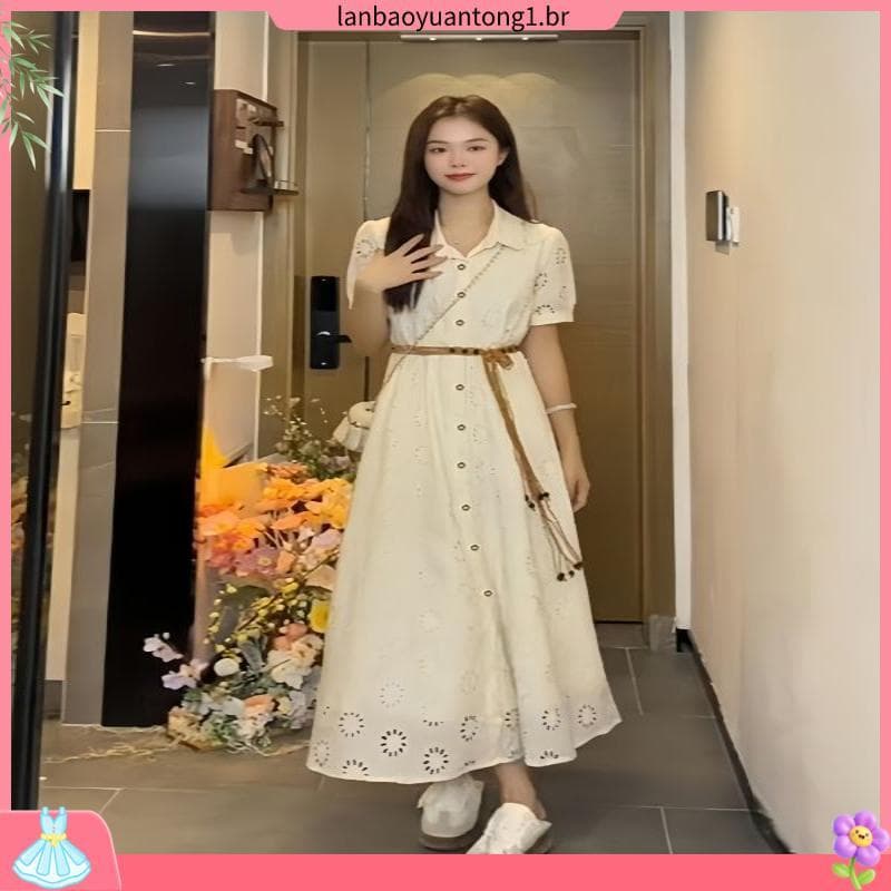 Francês oco bordado vestido de manga curta feminino verão novo estilo estilo suave temperamento cintura estreita mais ma