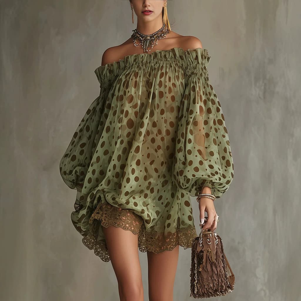 Estoque pronto envio rápido camisa de bolinhas verdes moda feminina camisa de Chiffon 2026 primavera novo estilo vestido