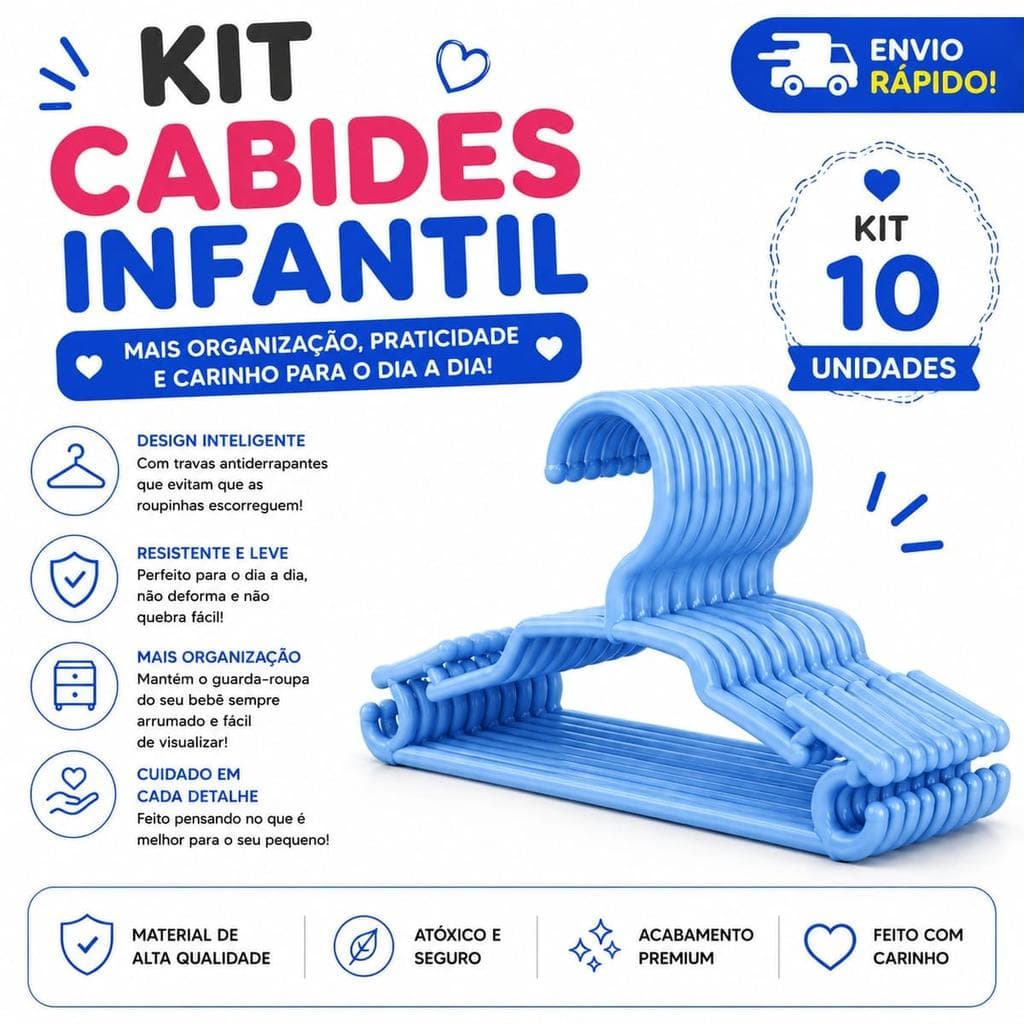Kit 10 Cabides Infantis - Plástico Resistente, Tamanho Infantil, Cor Azul
