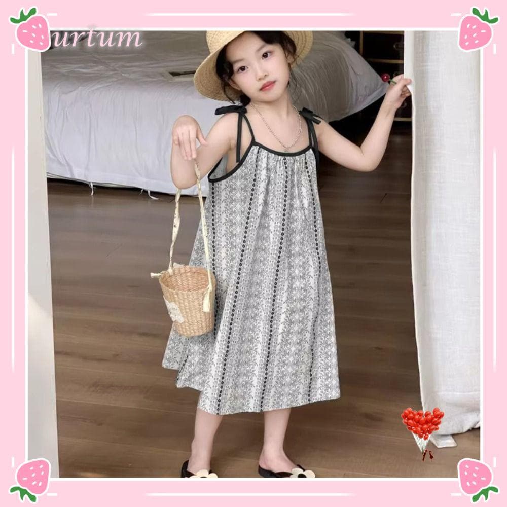 Vestido Floral Infantil URTUM , De Férias Estampado Com Estampa Solto , Alças Ajustáveis