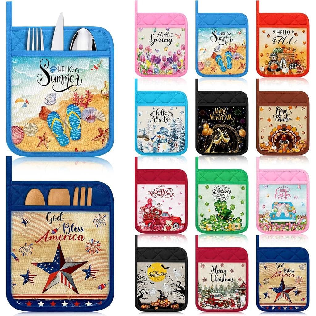Breling 12 Peças de Decorações de Cozinha para o 4 de Julho, Porta-Panelas Patrióticos com Bolso, Almofadas de Tecido Re
