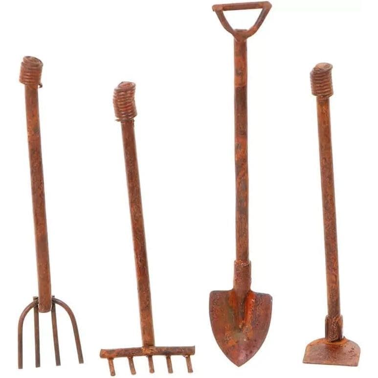 Conjunto de 4 Peças de Ferramentas de Jardim em Miniatura para Casa de Bonecas 1:12, Pá, Enxada e Forquilha Mini Enferru