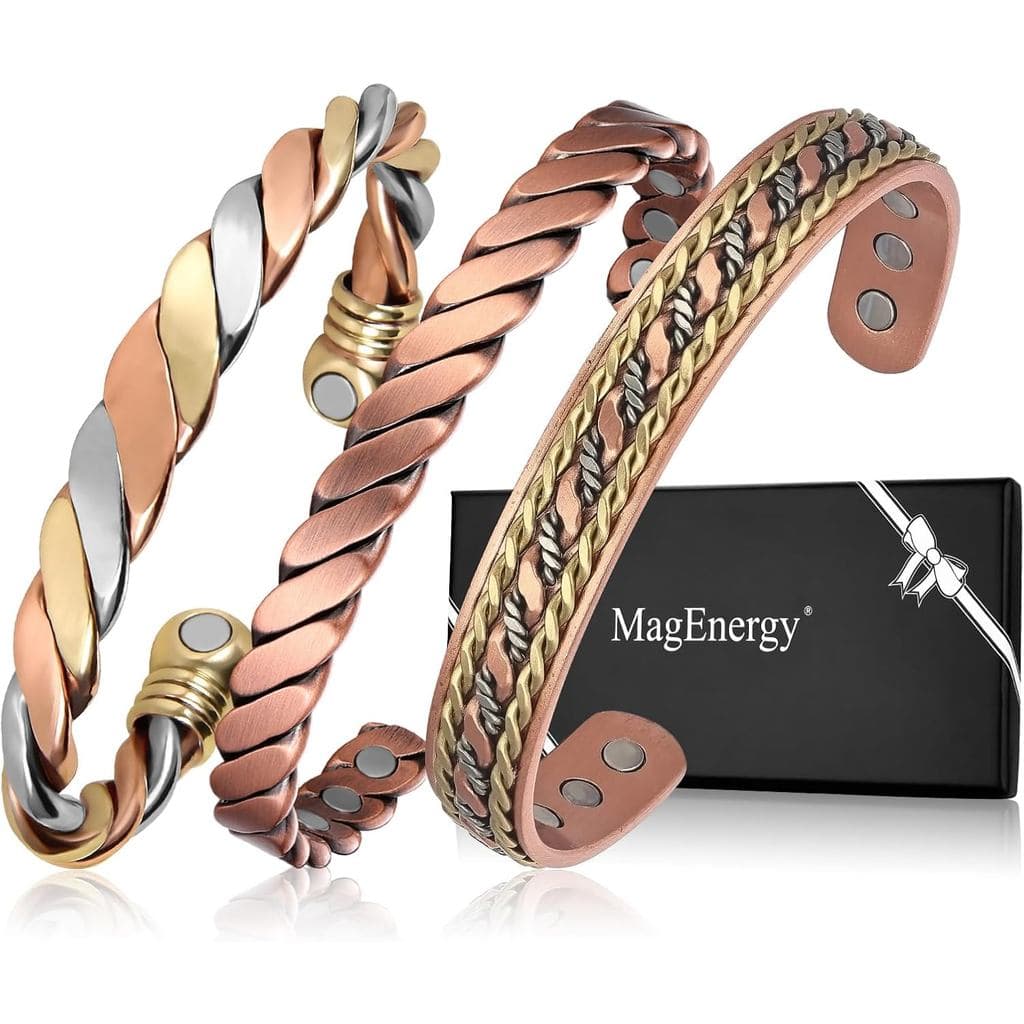 MagEnergy Copper Bracelets for Women Men, Set of 3 Pcs, Magnetic Therapy, Handmade 100% Copper Cuff Bracelet, Jewelry Gi