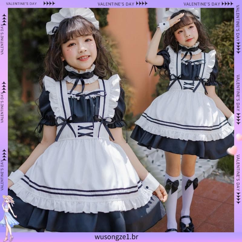 Meninas vestido de empregada preta lolita empregada bonito lolita vestido crianças princesa lolita feminino remendo vest