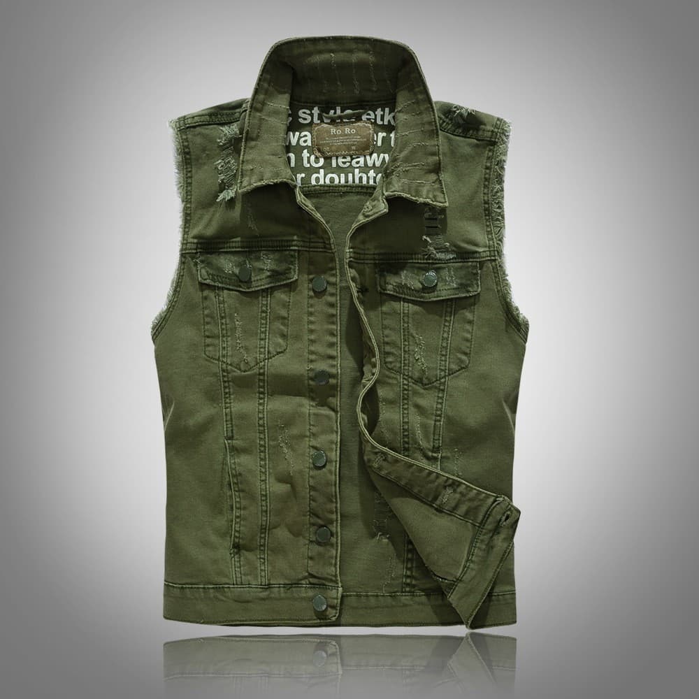 Masculino Fino Ajuste Botão Frente Verde Denim Sem Mangas Colete Casual Streetwear Viagem Diária Camadas Topo