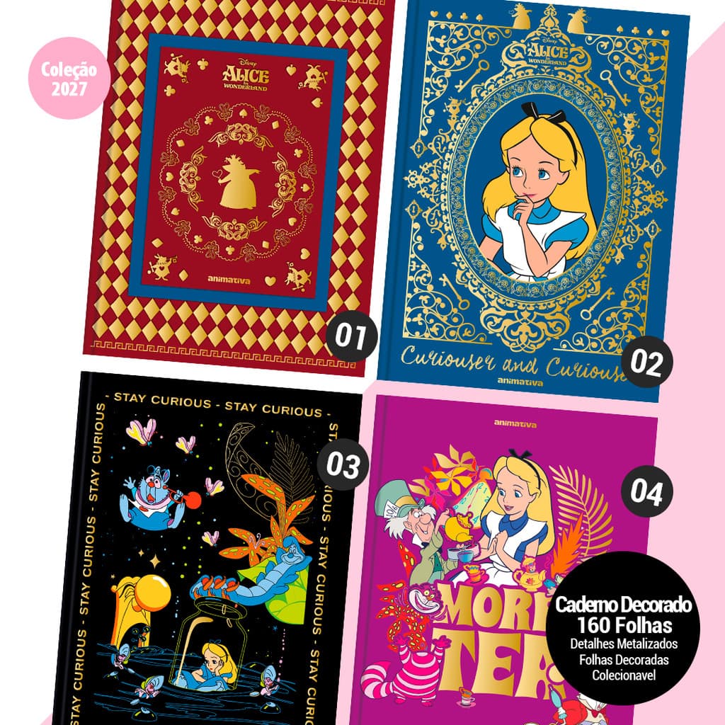 Caderno Brochura Colegial Alice no Pais das Maravilhas 160 Folhas Decoradas