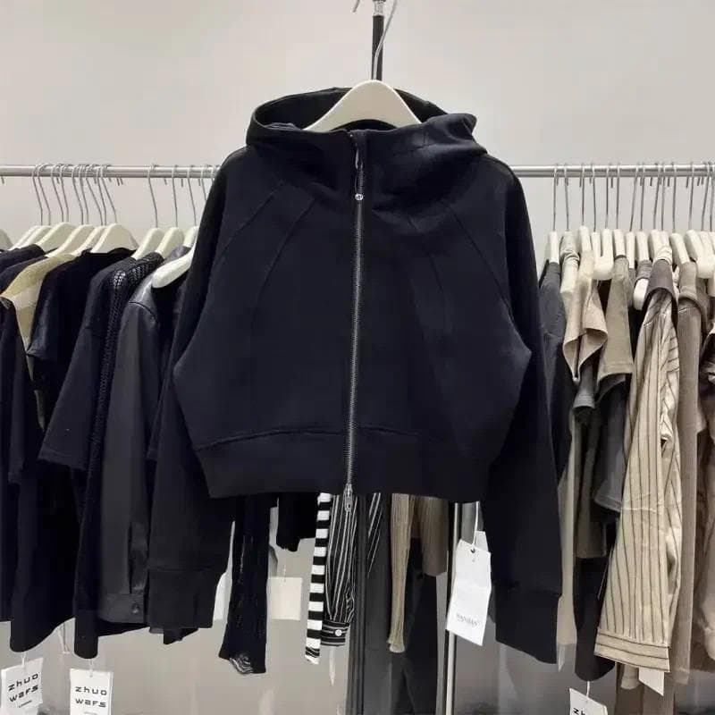 Versão Coreana Estilo Retro Feminino Cor Sólida Moletom Com Capuz Casual Zíper Pulôver