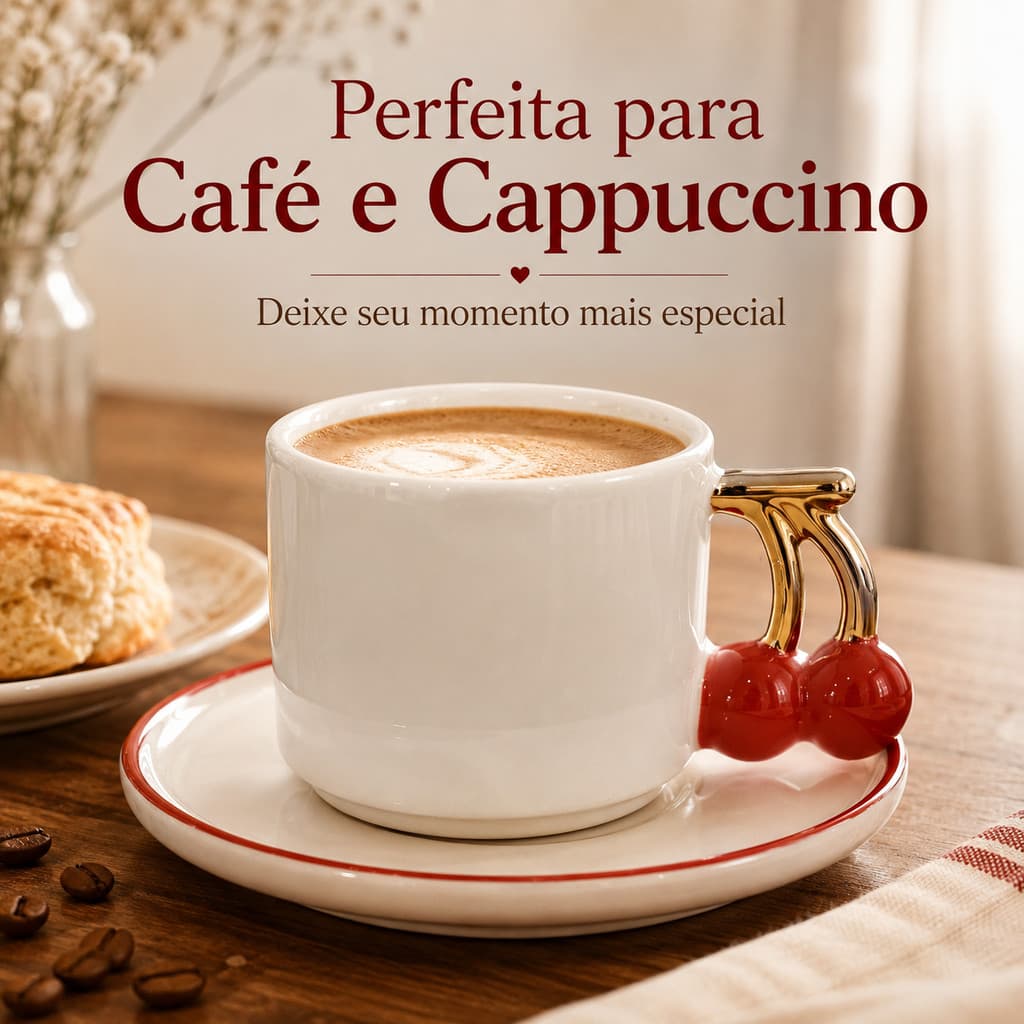Xícara com Pires Cereja 3D em Cerâmica Caneca de Café com Alça Cereja para Cappuccino e Café