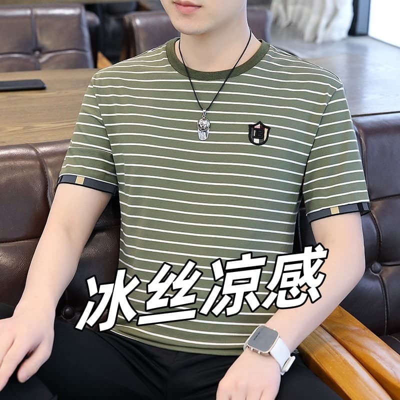 Camiseta de manga curta masculina verão listrado seda gelo meia manga sensação de gelo Casual bonito camisa de fundo mag