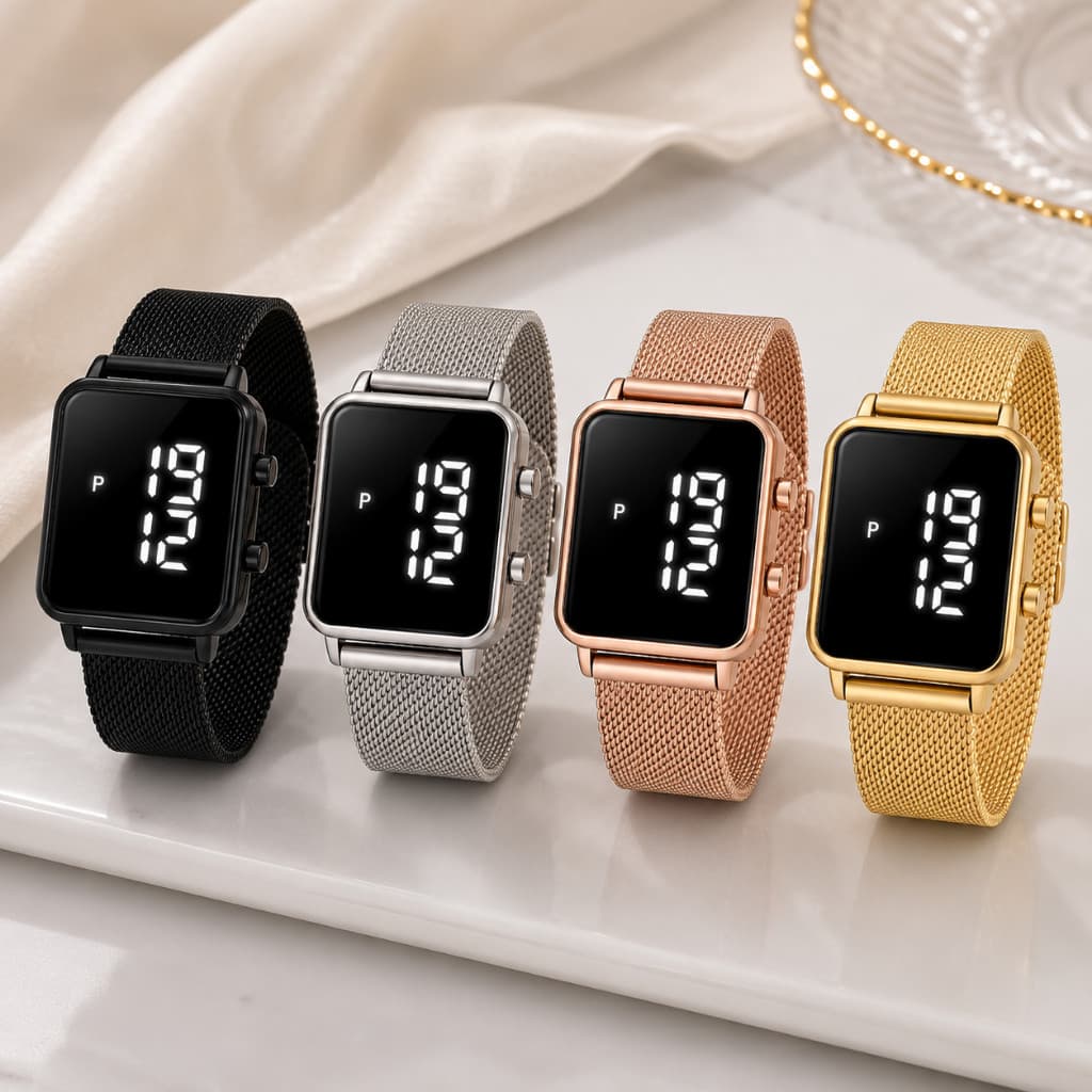 Relógio Digital Led Feminino Eletronico Quadrado Elegante Casual Watch Preto Dourado Rose Prata