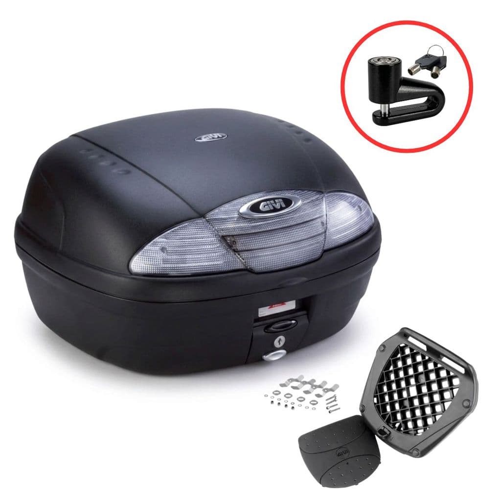 Baú para Moto Monolock Givi Traseiro E450NT Simply Fumê 45L com Base Universal Brinde Trava Cadeado de Disco 5,5mm Spec