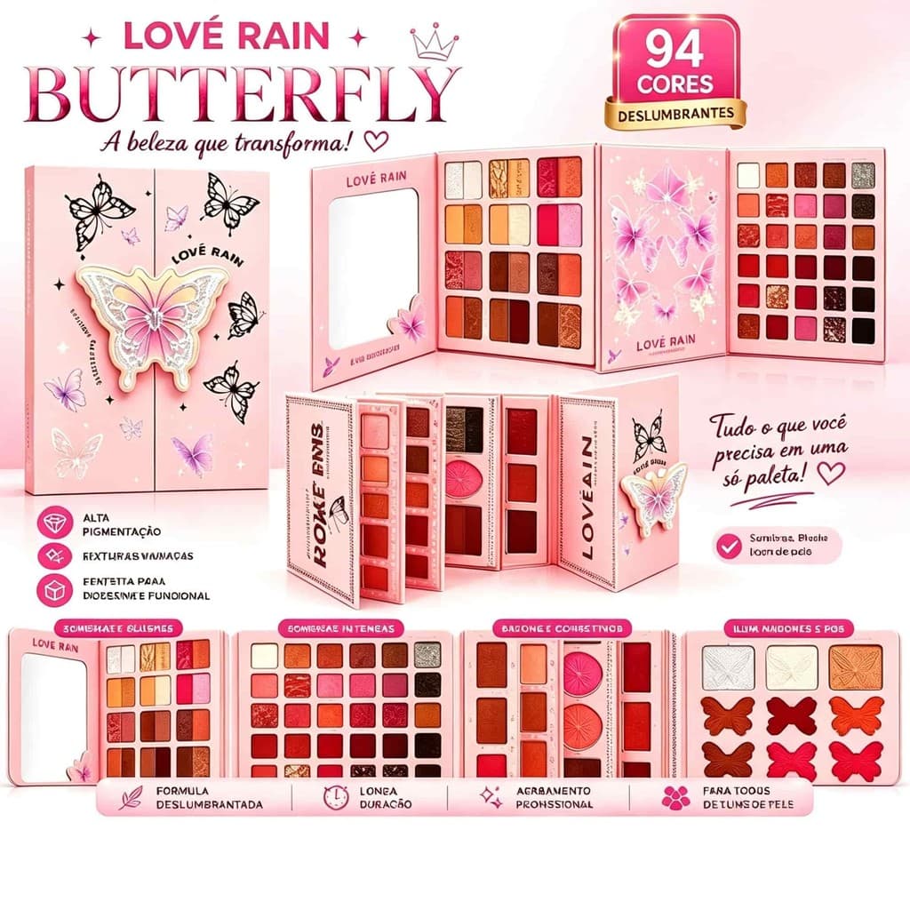 LOVE RAIN Paleta 94 Cores Alta Pigmentação Sombras Matte Brilhante Blush Iluminador Corretivo Batom
