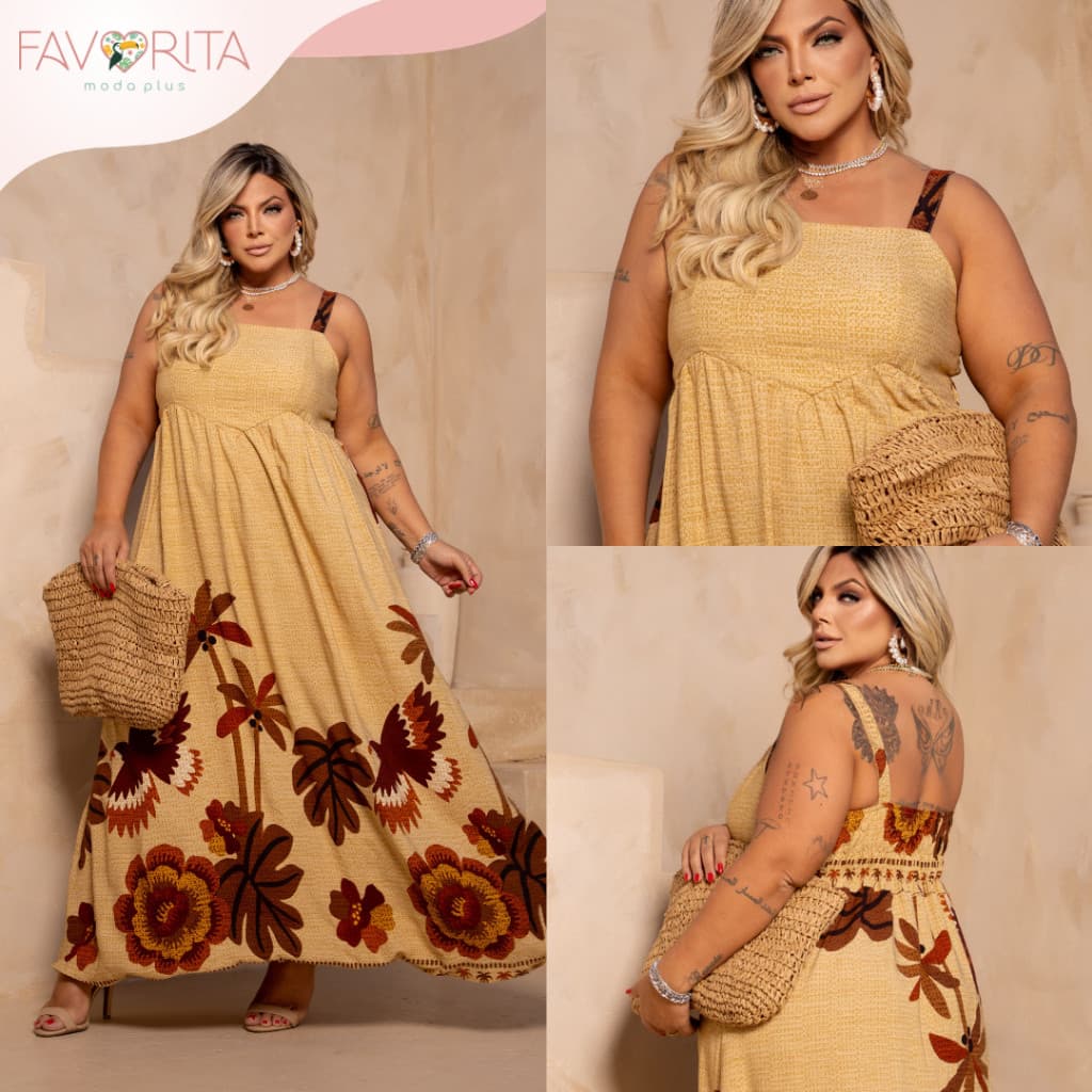 Vestido Alça Longuete Modelo Corpete Plus Size Estampa Tropical Inspiração Chique Tendência