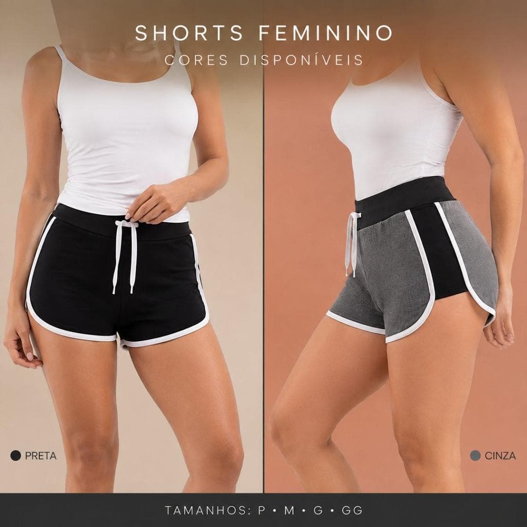 Shorts Feminino Cintura Alta com Elástico, Poliéster e Elastano, Cós Largo com Cordão – P, Cinza