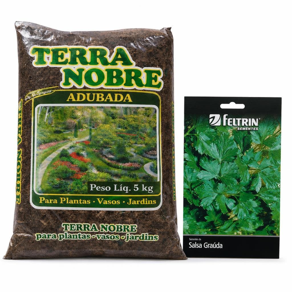 Kit Horta em Casa Fácil: Terra Nobre Adubada 5kg + Sementes de Salsa Graúda - Tempero Fresco!