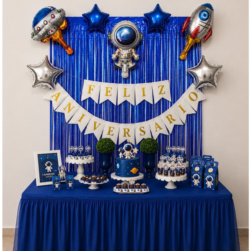Kit Festa Infantil Astronauta Espaço Azul Decoração Completa Painel Aniversário Balões Metalizados