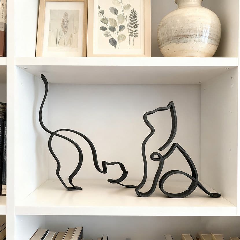 Linhas artísticas simples, gato fofo, decoração divertida para casa e escritório, ornamento de plástico, escultura artís