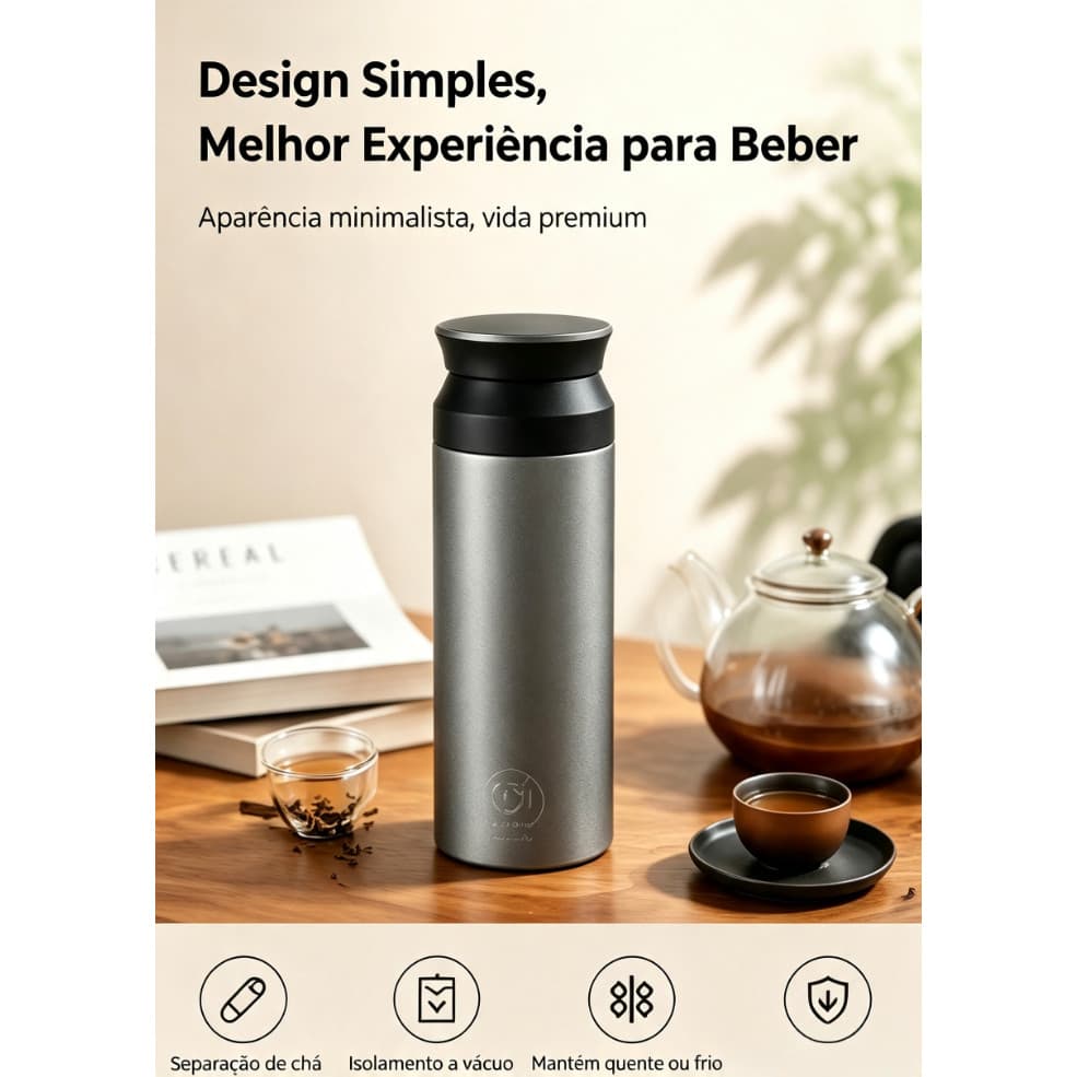 Copo Térmico 350ml Cinza, Aço Inoxidável Parede Dupla a Vácuo, Garrafa Portátil para Água Café Chá