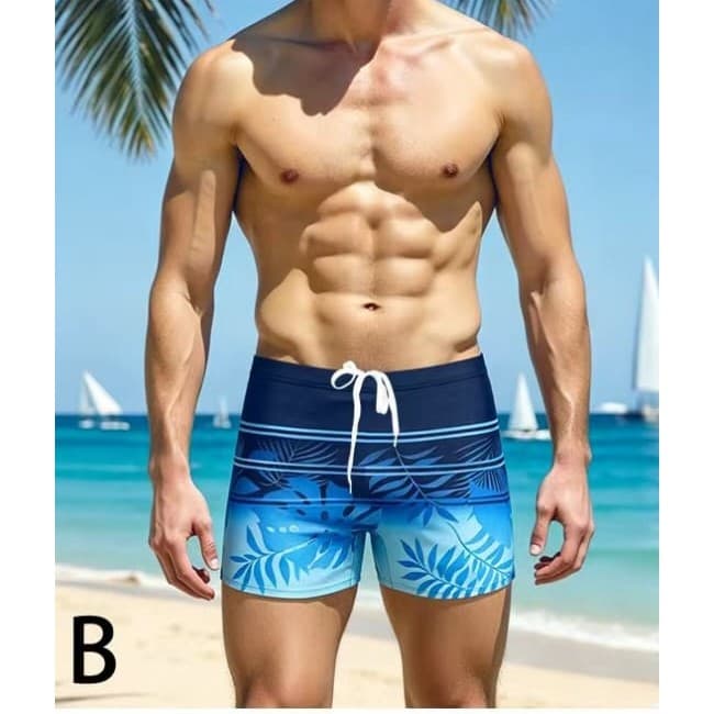 Sunga Boxer Masculina Degradê Azul Oceano Estampa Folhagem com Cordão Ajustável Moda Praia G155