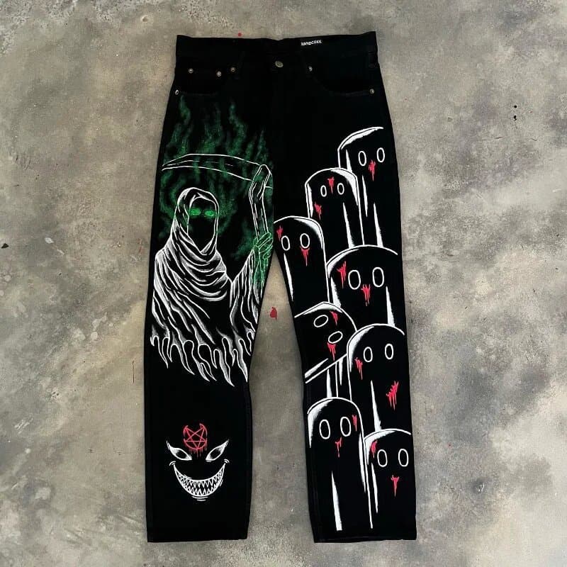 Europeu americano High street vibe estilo impresso Jeans preto rua estilo Hip Hop masculino calças de Design reto