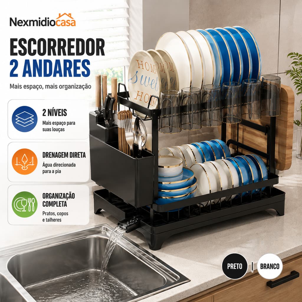 Escorredor de Louça 2 Andares Organizador de Pia aço inox com Porta Copos e Talheres Nexmidiocasa