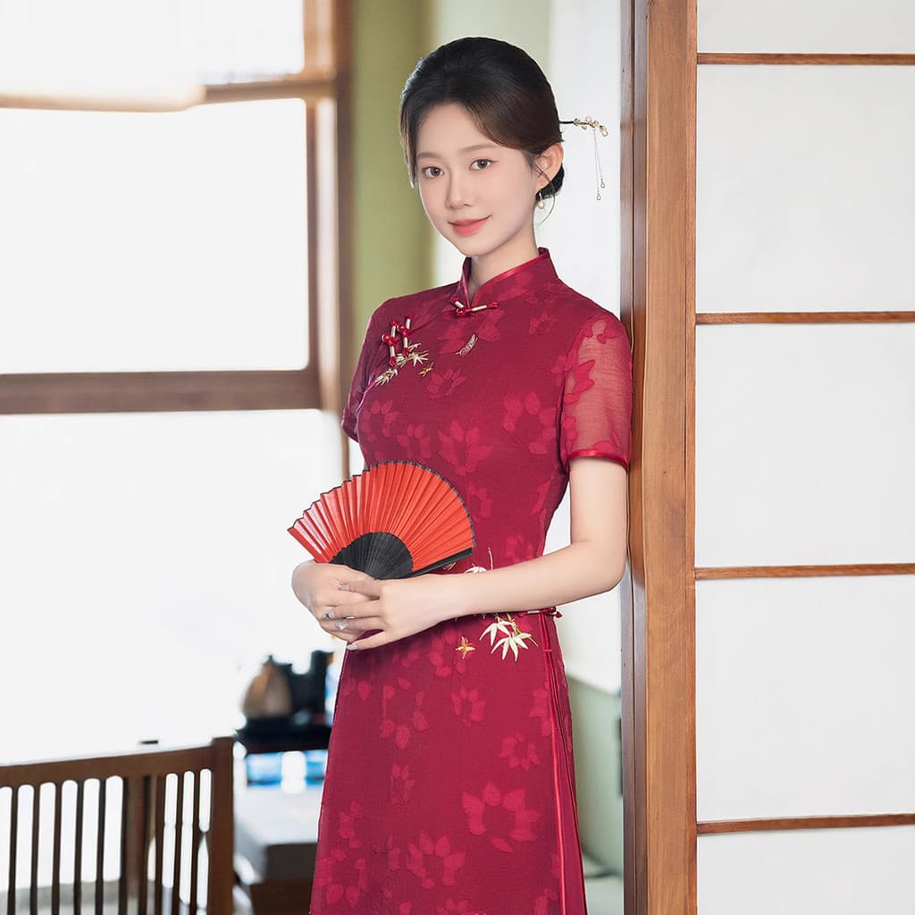 Vinho tinto vermelho vermelho verão novo estilo novo estilo chinês melhorado bordado Cheongsam vestido
