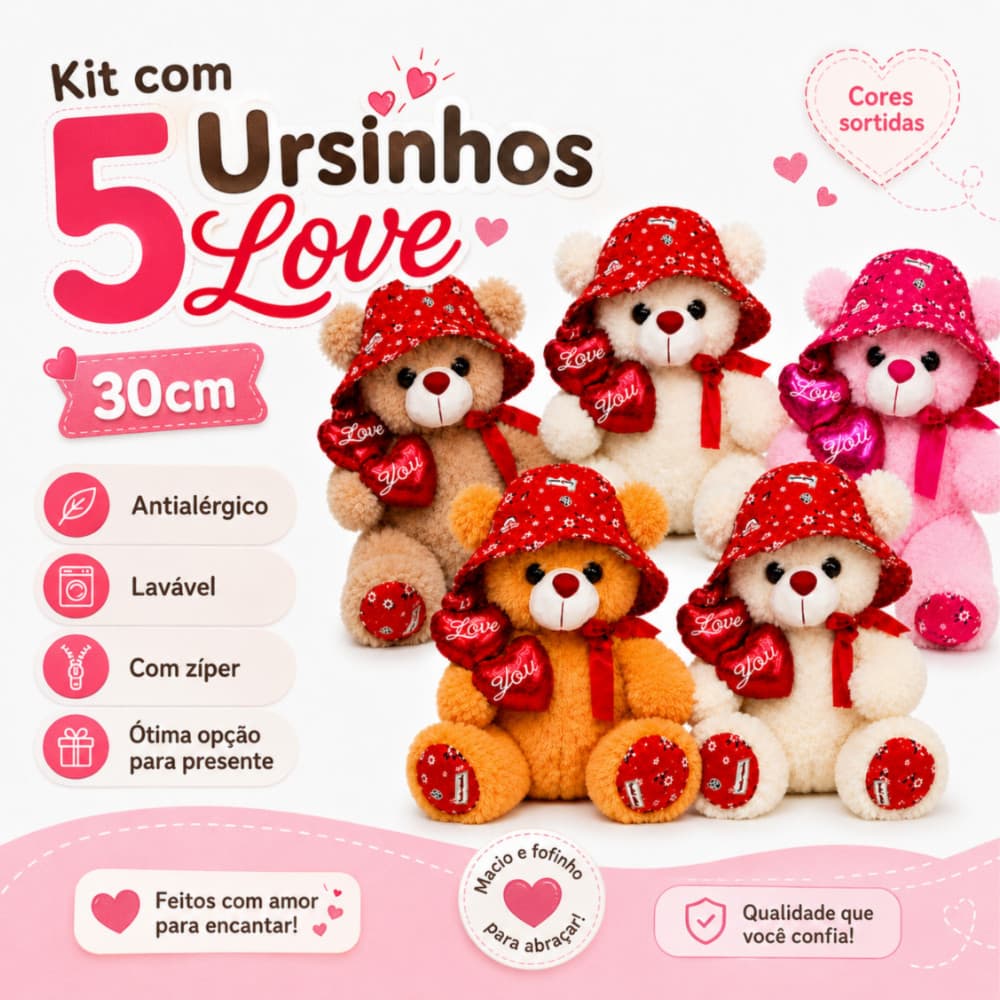 Kit 5 Ursinhos Love 30cm com Coração e Chapeu