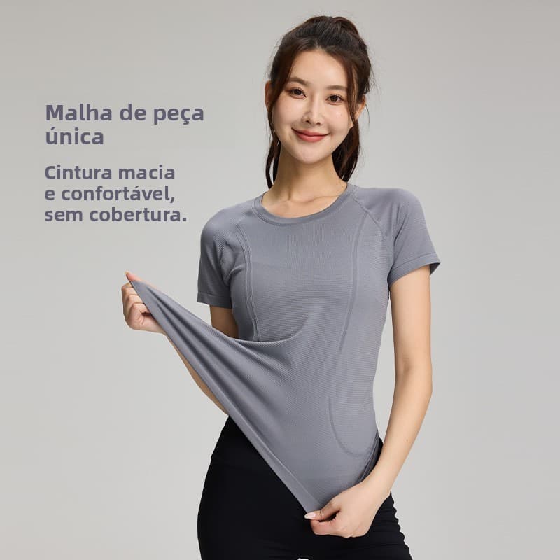 Roupa de yoga sem costura, top esportivo, peça única de manga curta com efeito emagrecedor.
