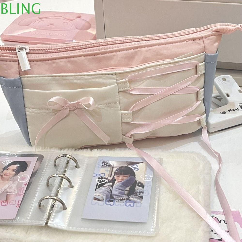 Bolsa De Caneta BLING , Lápis De Fita De Arco De Grande Capacidade , Papelaria Estilo Balé Rosa De Volta Às Aulas