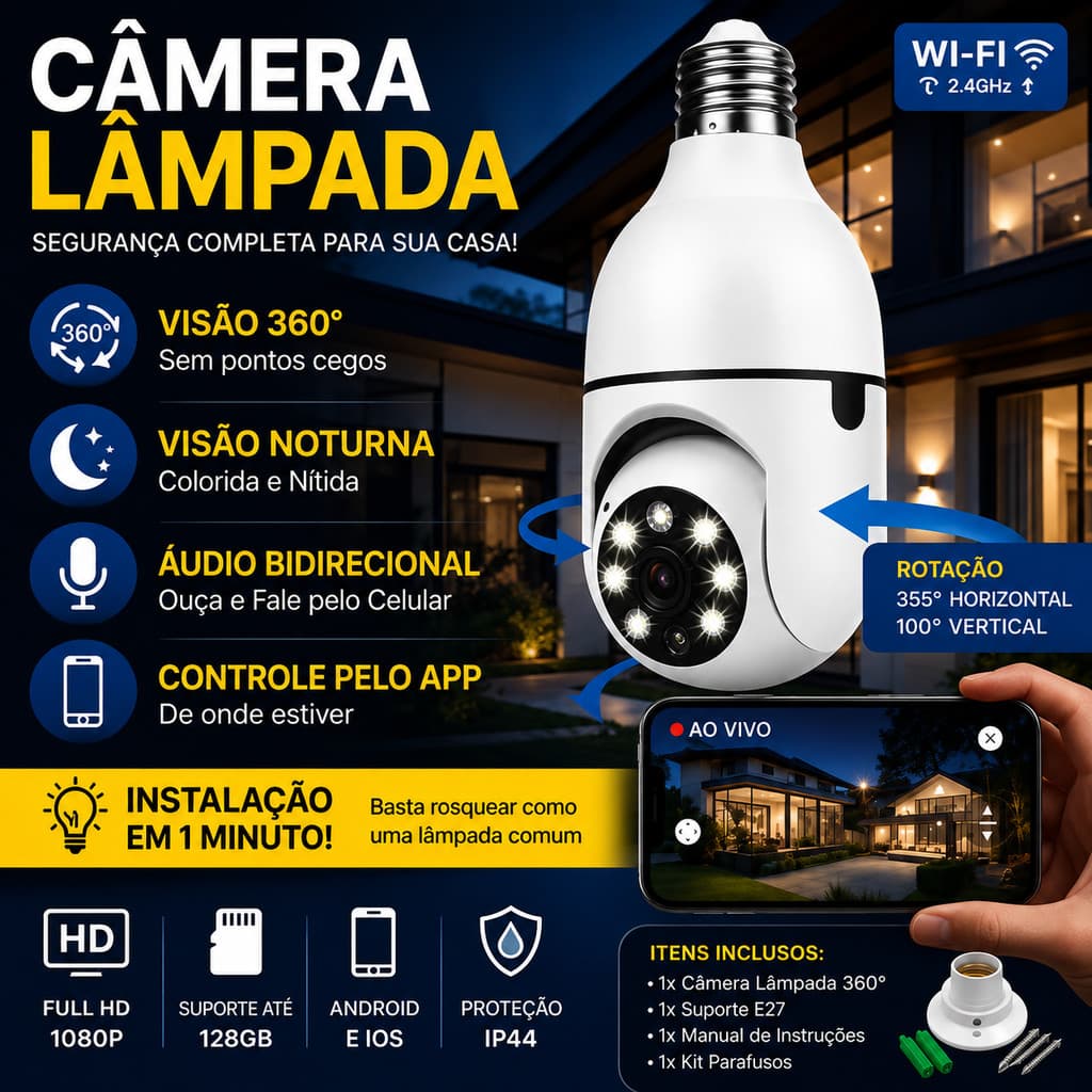 KIT3 Câmera Lâmpada Wi-Fi 360° Full HD 1080p | Visão Noturna Áudio Bidirecional | Segurança Inteligente Sensor Movimento