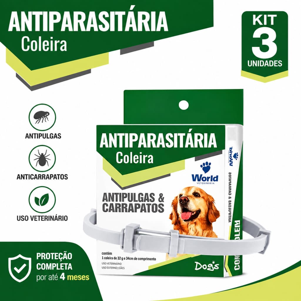 3 Coleiras Para Cães Antipulgas e Carrapatos Antiparasitária World Veterinária Dugs Cat and Dog Kit