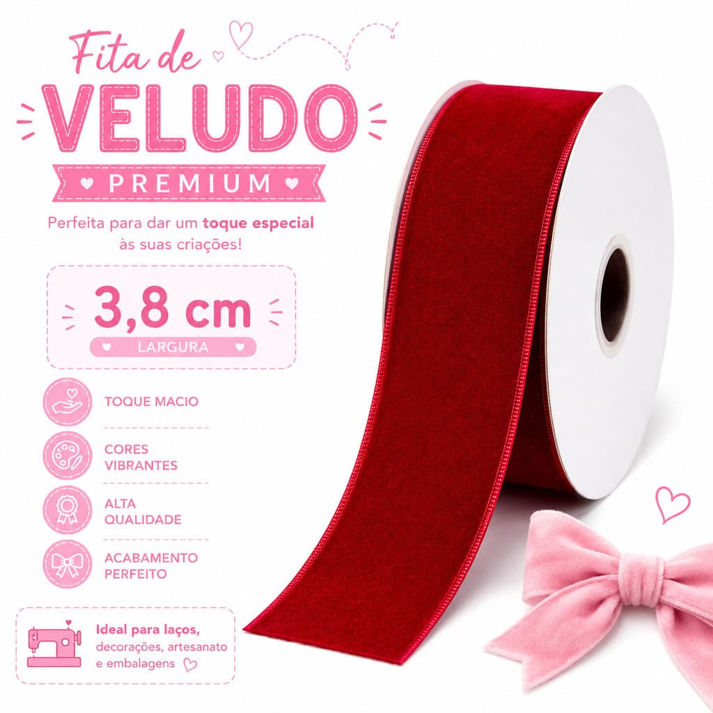 Fita Veludo Premium 38mm para Tiaras, Laços Infantis, Hair Clips, Artesanato, Acessórios de Cabelo, Inverno e Natal