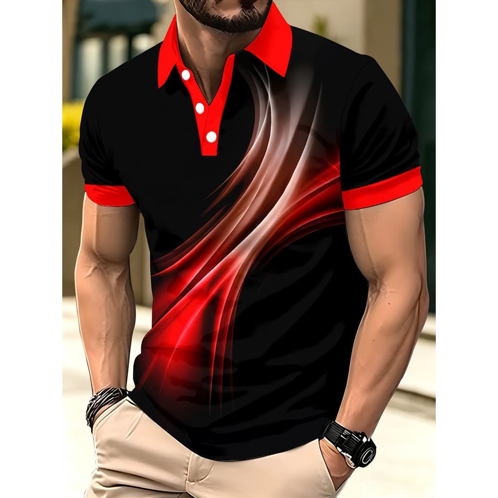 Camisa polo masculina de manga curta preta vermelha camisa polo de manga curta, adequada para rua casual de verão, ao ar