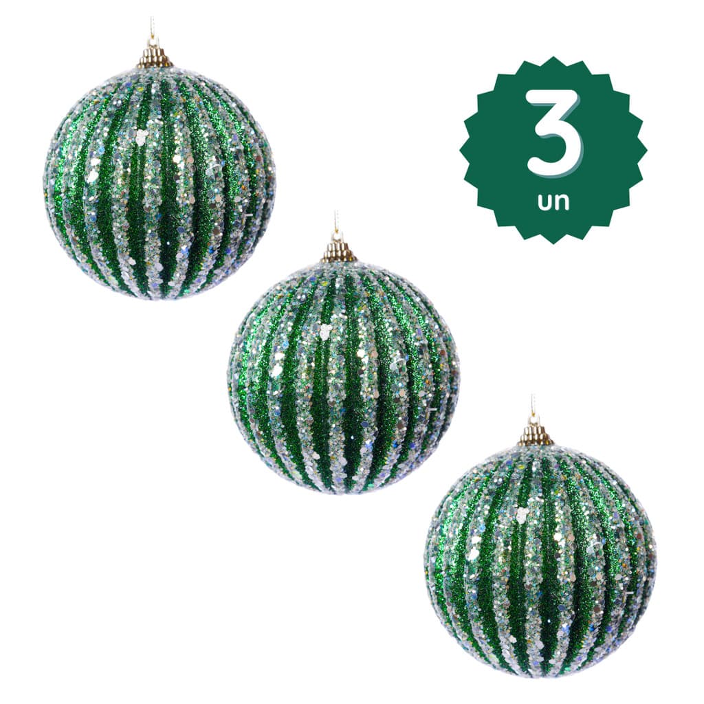 Kit 3 Bolas Natal Verde Listras Glitter Lantejoula 8cm Enfeite Árvore Decoração Pendurar Laços