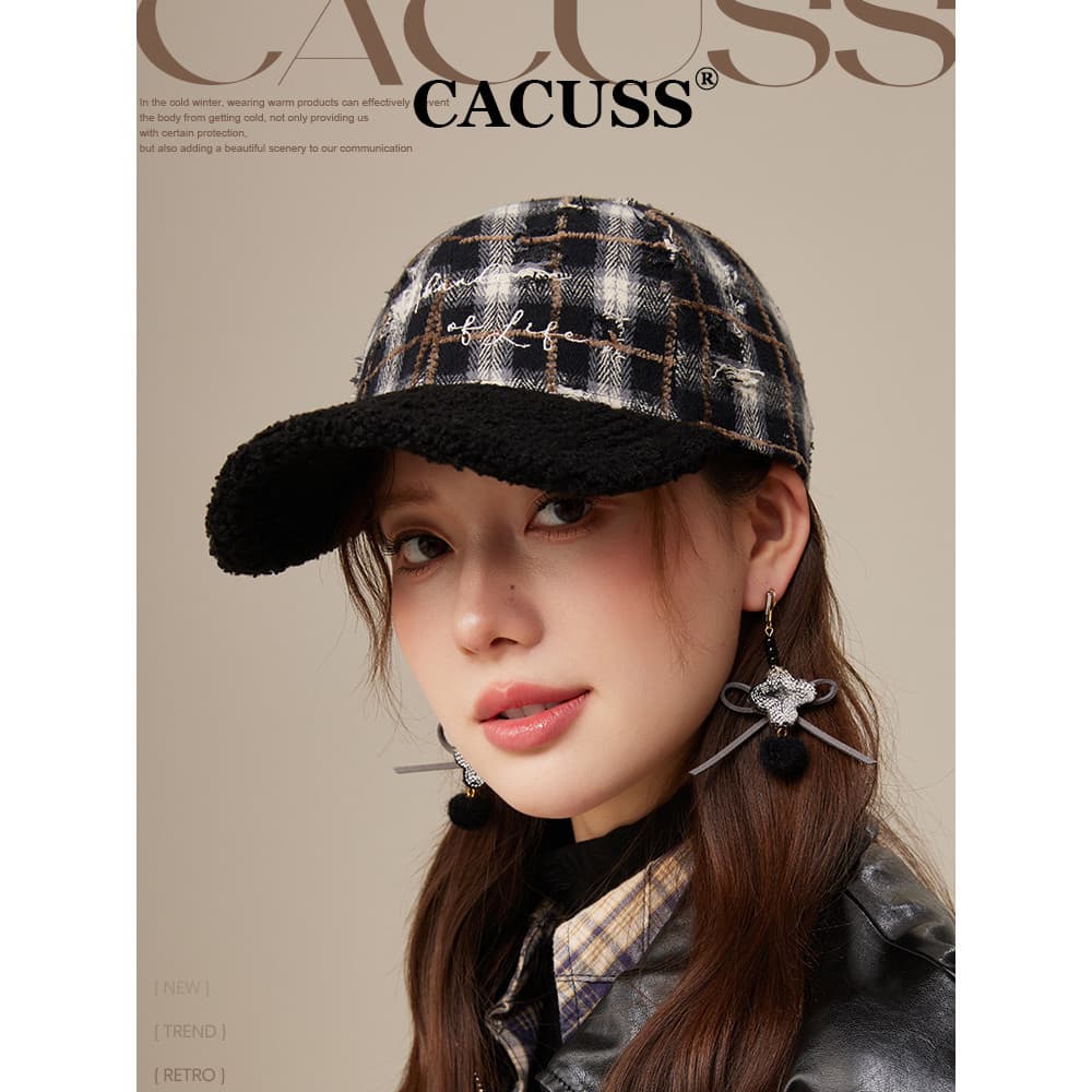 CACUSS Boné de beisebol xadrez retrô feminino outono inverno duro Top revelador de rosto pequeno boné moda contraste cor