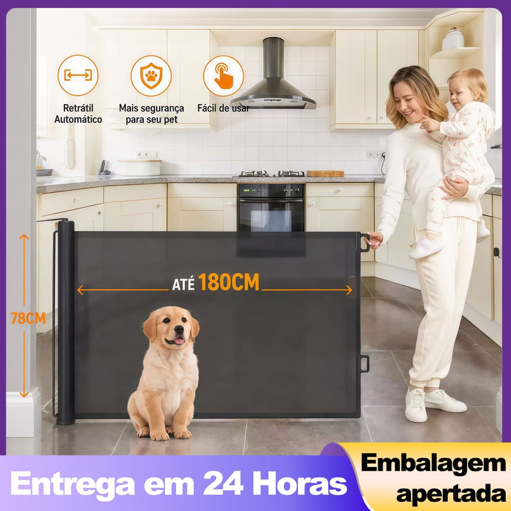 Portão Retrátil para Pets Cães e Gatos Tela de Proteção Sem Furos 110/150/180x78cm
