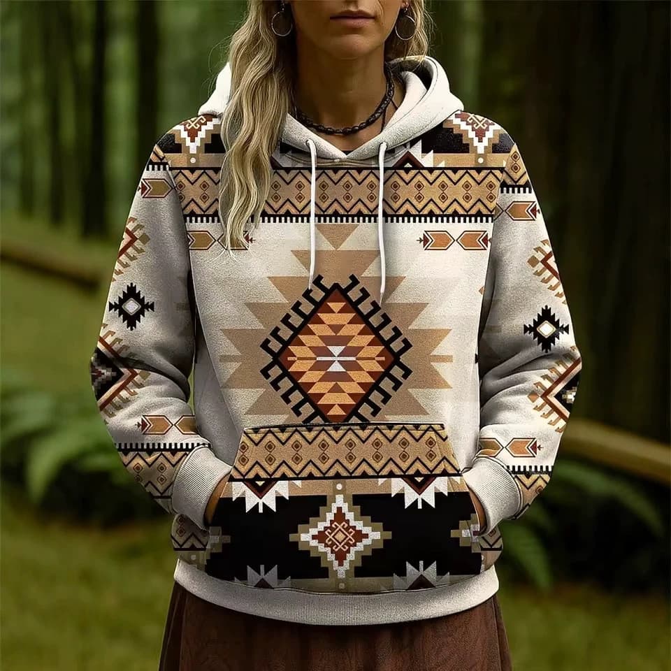 Moletom feminino com capuz estampado, roupa vintage abstrata, streetwear 3D feminino com padrões geométricos.