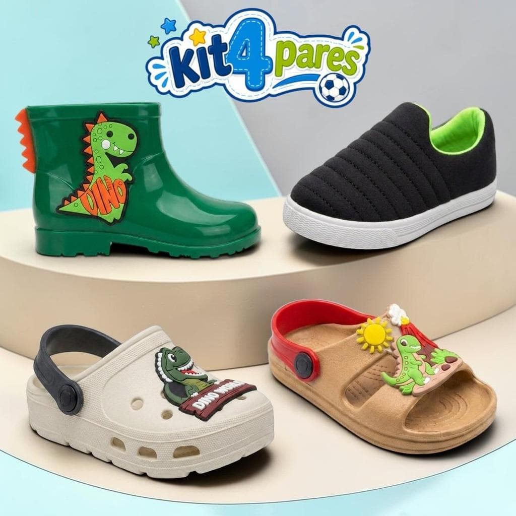Kit 4 Pares Tênis Calce Fácil Sandália Babuche Infantil Galocha Bota Menino Escolar Lançamento