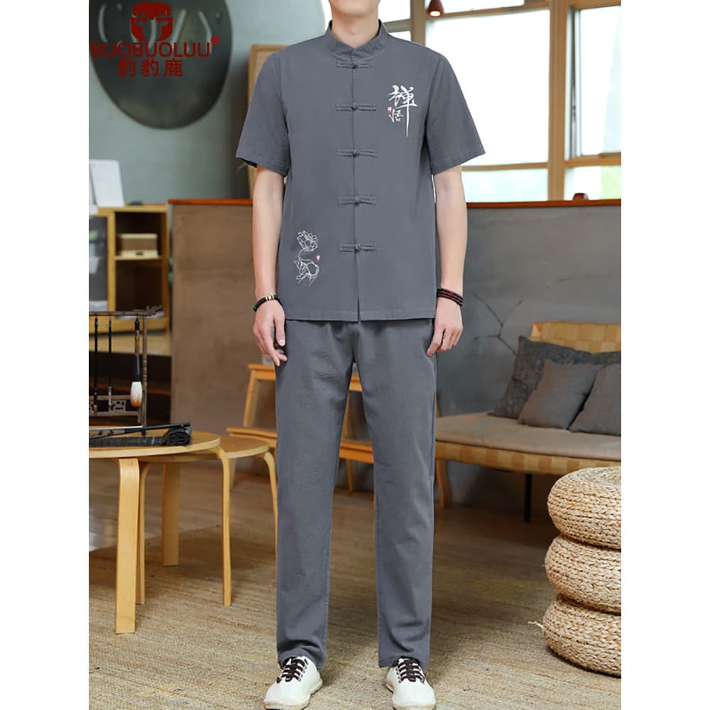 Terno de linho de algodão masculino bordado Tang terno antigo gola alta túnica chinesa terno Tai Chi roupas Hanfu estilo