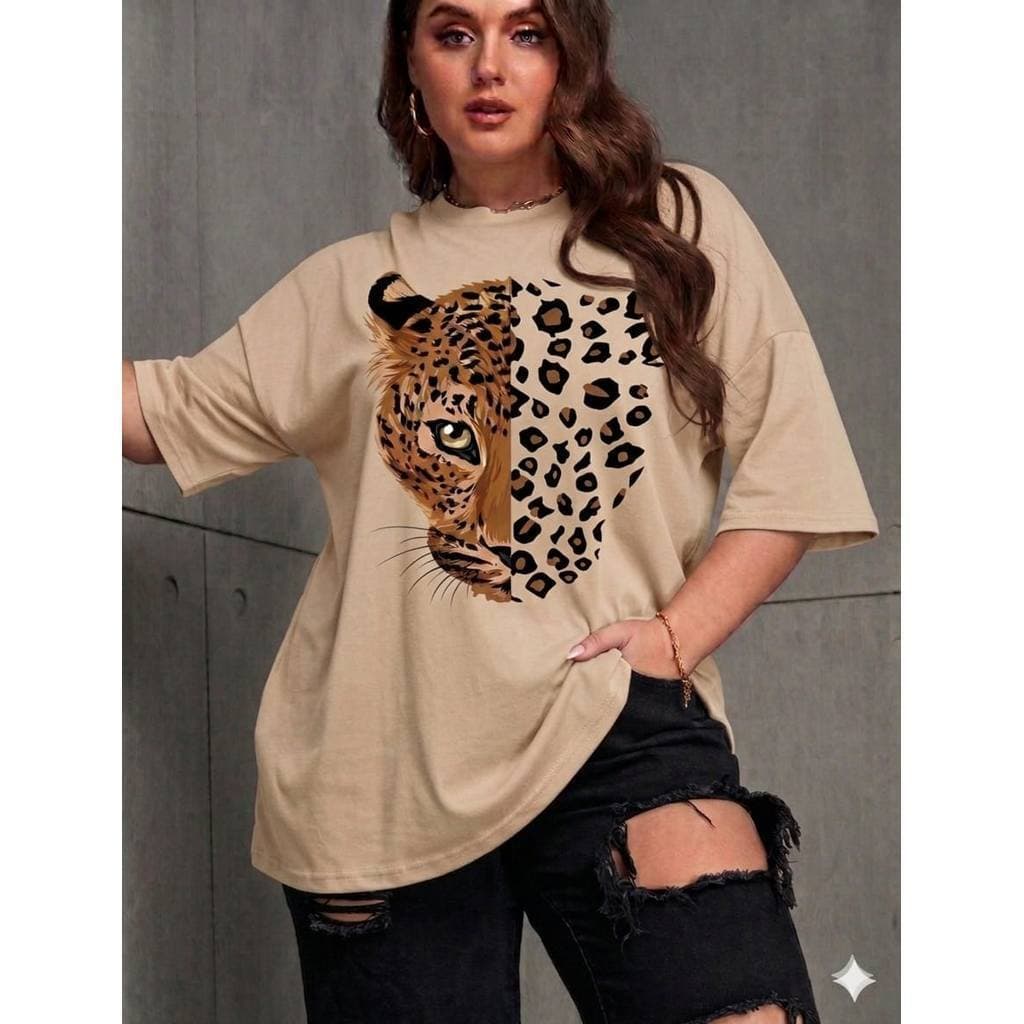 Camiseta Plus Size Estampada Onça Pintada, Casual,Tendência Moda Feminina, Tecido 100% Algodão
